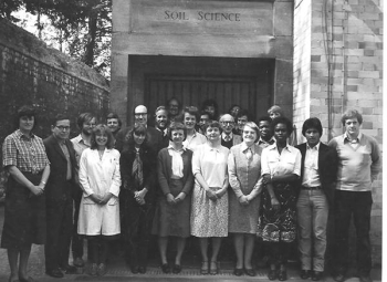 Picture caption: Peter Nye with members of the Oxford Soil Science Laboratory circa 1983. Nye is sixth from the left. To his left are Bob White, Philip Beckett, Ros Haigh, Guy Kirk, Rachhpal Singh, James McDuff, X, Frank Greene, Pete Darrah, Robin Kneale, Gwyneth Jenkins, Andrew Ameloko, X, X, Raul Ponce-Hernandez, Mike Hedley. Far left is Hilary Moorby and in front of Nye is Jeni Tree. Missing is Siobhan Staunton. - © IUSS Picture caption: Peter Nye with members of the Oxford Soil Science Laboratory circa 1983. Nye is sixth from the left. To his left are Bob White, Philip Beckett, Ros Haigh, Guy Kirk, Rachhpal Singh, James McDuff, X, Frank Greene, Pete Darrah, Robin Kneale, Gwyneth Jenkins, Andrew Ameloko, X, X, Raul Ponce-Hernandez, Mike Hedley. Far left is Hilary Moorby and in front of Nye is Jeni Tree. Missing is Siobhan Staunton.